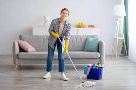 عاملة منزل مع ممسحة وسطل للتنظيف- الهجرة إلى امريكا للعمل كمدبر منزل  