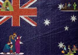 علم استراليا مرسوم عليه كاريكاتير للاجئين - اللجوء في أستراليا